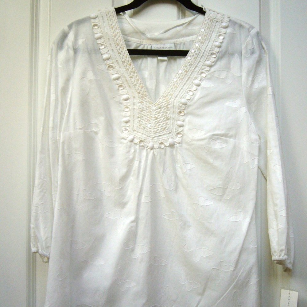 New Charter Club Embroidered Butterfly Design Top White Small